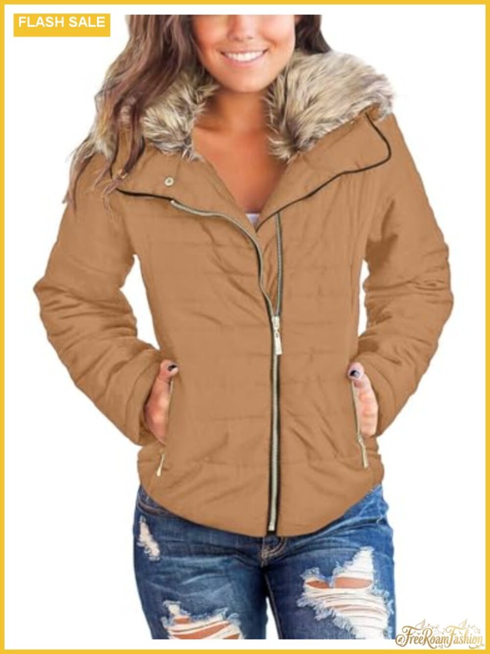 Women's Faux Fur Quilted Puffer Coat Zip Pockets